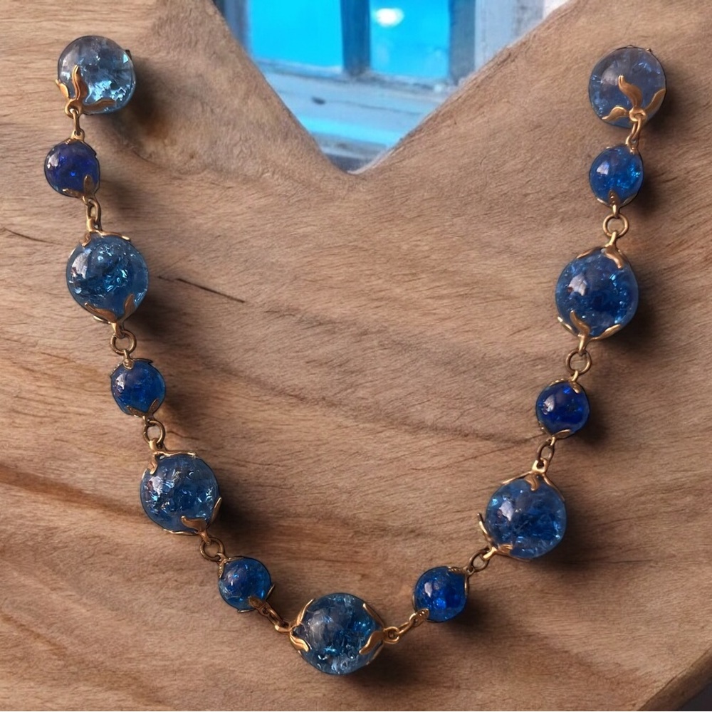 Vintage Murano Glass Blue Beaded Necklace | Blue Shimmer Beaded Choker